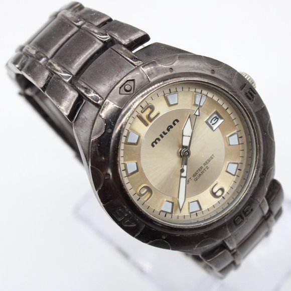 Vintage MILAN Watch Mens Dark Gray Tone Stainless Steel Classic Gold Quartz Dial - Picture 1 of 8